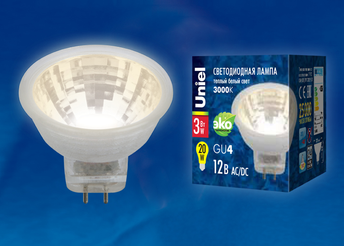 LED-MR11-3W/WW/GU4 GLZ21TR Лампа светодиодная, 12V. Прозрачная. Теплый белый свет (3000K). Картон. Т
