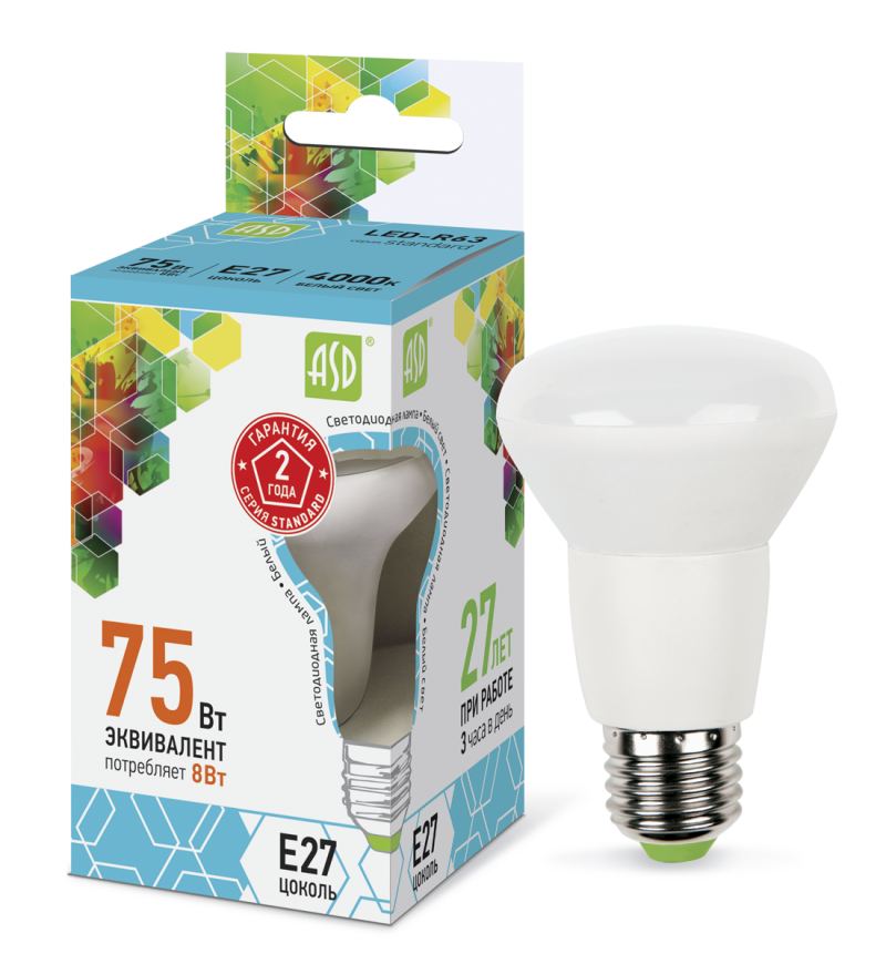 Лампа светодиодная LED-R63-standard 8Вт 230В Е27 4000К 720Лм ASD